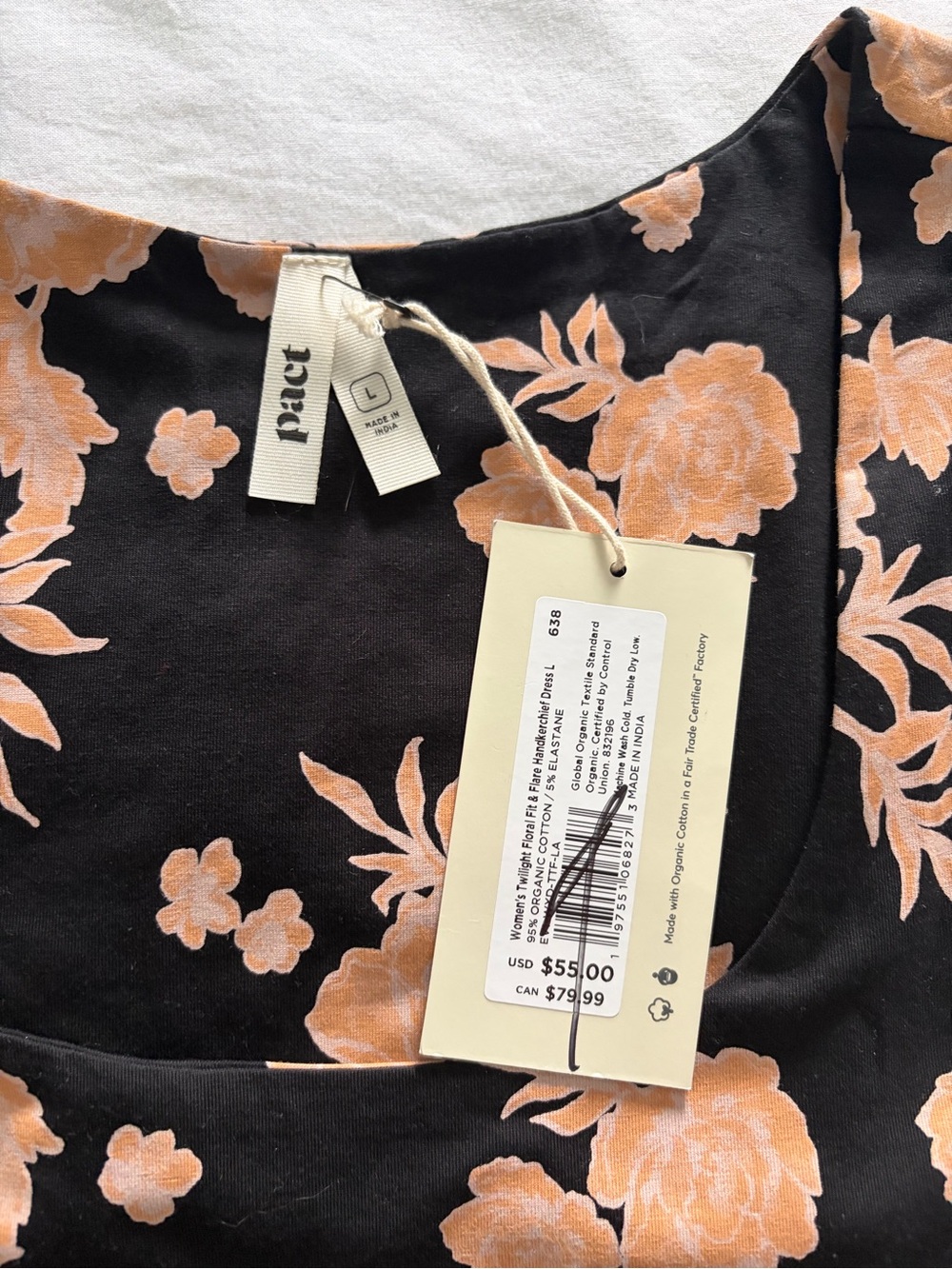 Pact Women’s Black Twilight Floral Fit & Flare Handkerchief Dress Large NWT - Picture 11 of 14